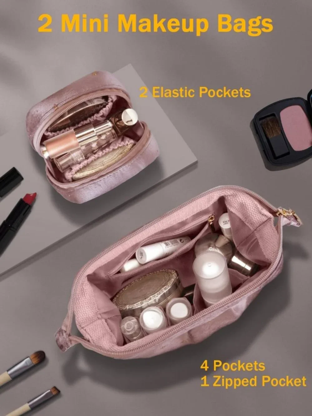 Stylish Double-Layer Makeup Bag Set with Jewelry Storage & Brush Holder - Pink
